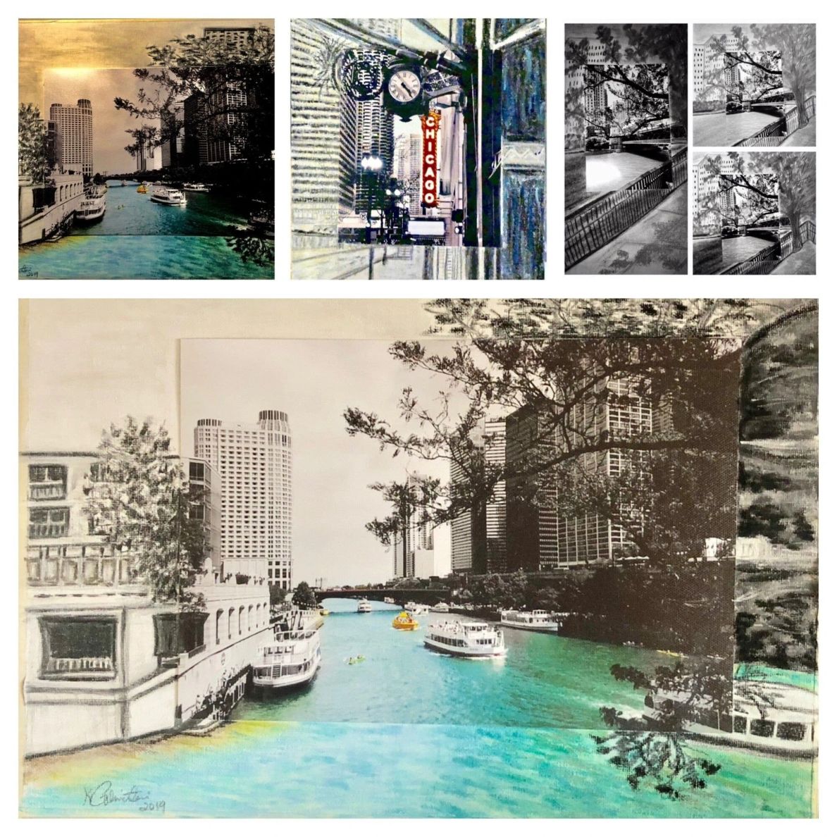 Artistic collage showcasing Chicago's skyline and river, blending photographs and illustrations in vibrant colors, highlighting the city's urban beauty.