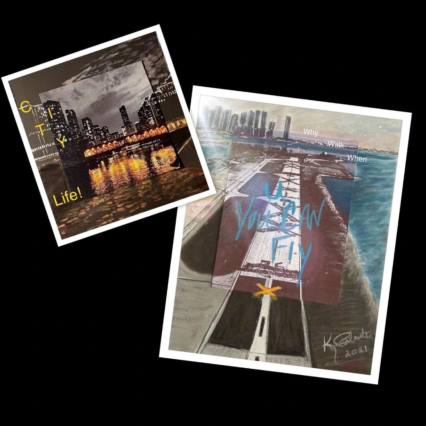 Two artistic collages: one showcases a city skyline with "CITY Life!" text, while the other features a runway with "YOU CAN FLY" overlay, symbolizing urban energy and aspiration.