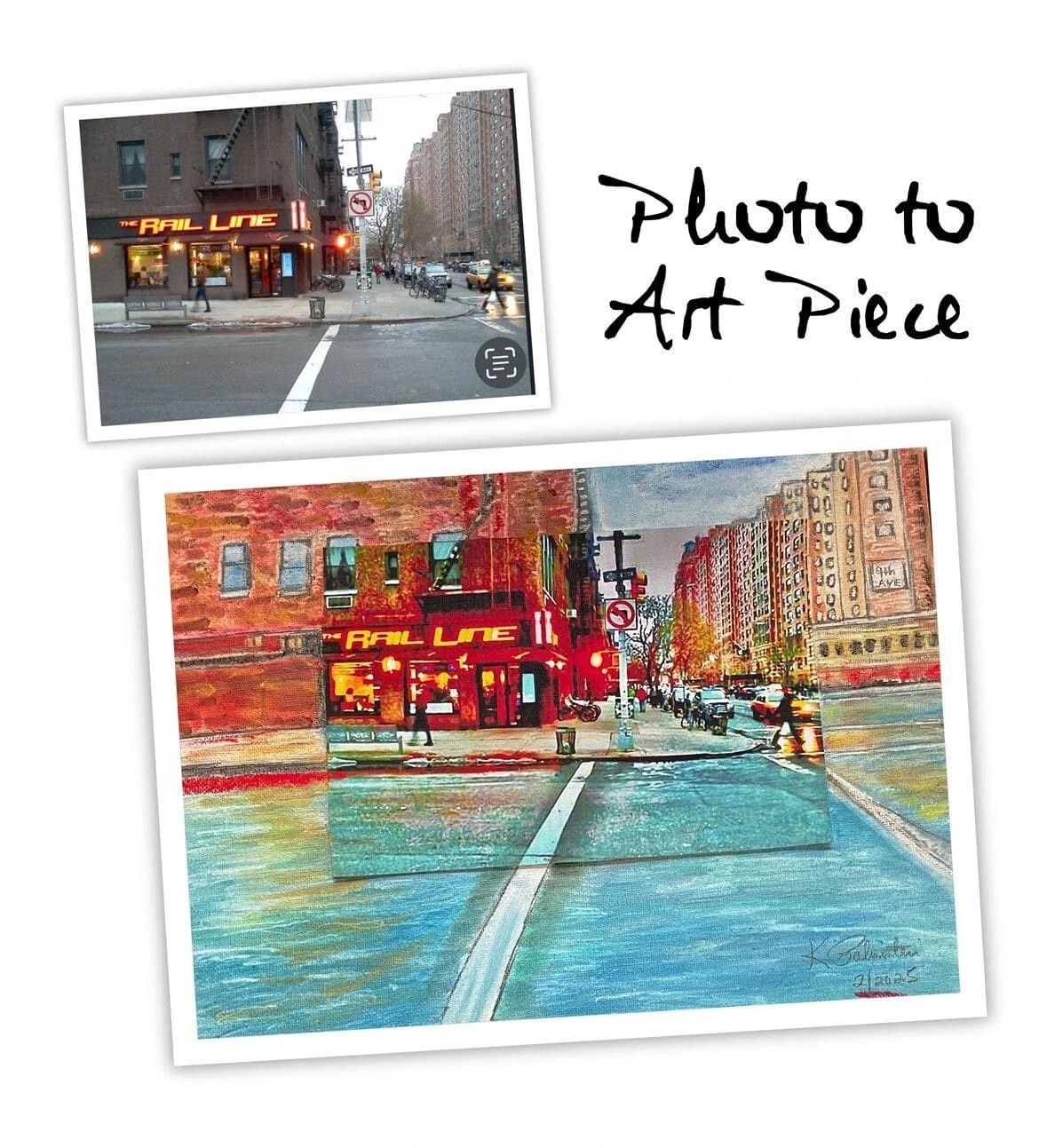 Transformation from a street photo of "The Rail Line" restaurant to an artistic rendering, showcasing urban life and vibrant colors.