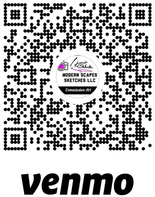 QR code linking to Venmo for Modern Scapes Sketches LLC, facilitating art commission payments.