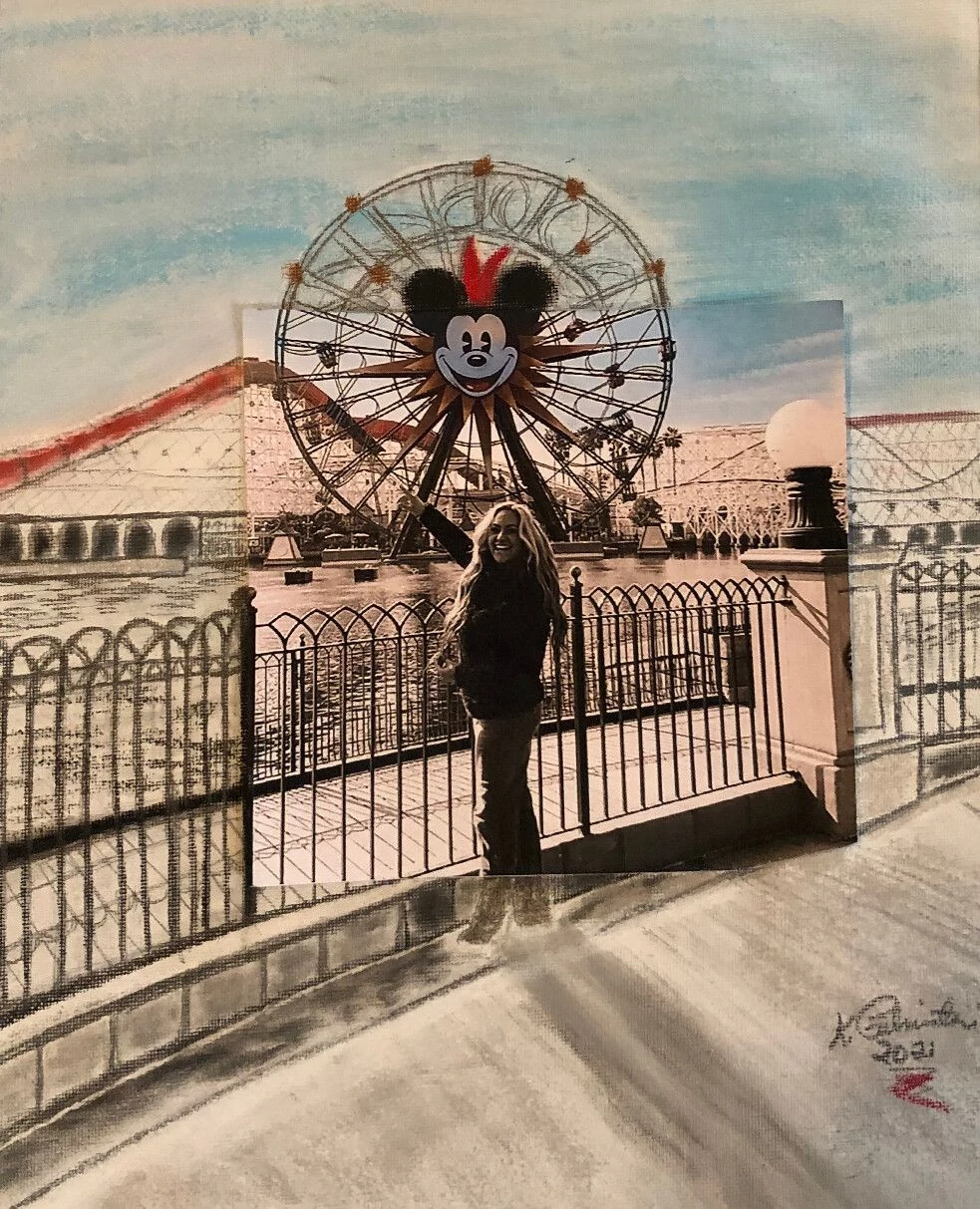 A woman stands by a fence, smiling in front of a colorful Ferris wheel with a Mickey Mouse theme, capturing a joyful moment at a theme park.