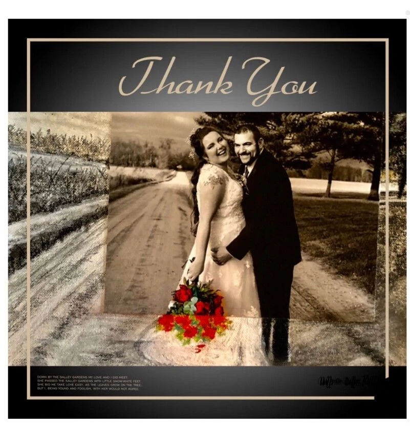 Happy couple in wedding attire, embracing on a rustic road, with a vibrant bouquet of red roses. Overlay includes "Thank You."