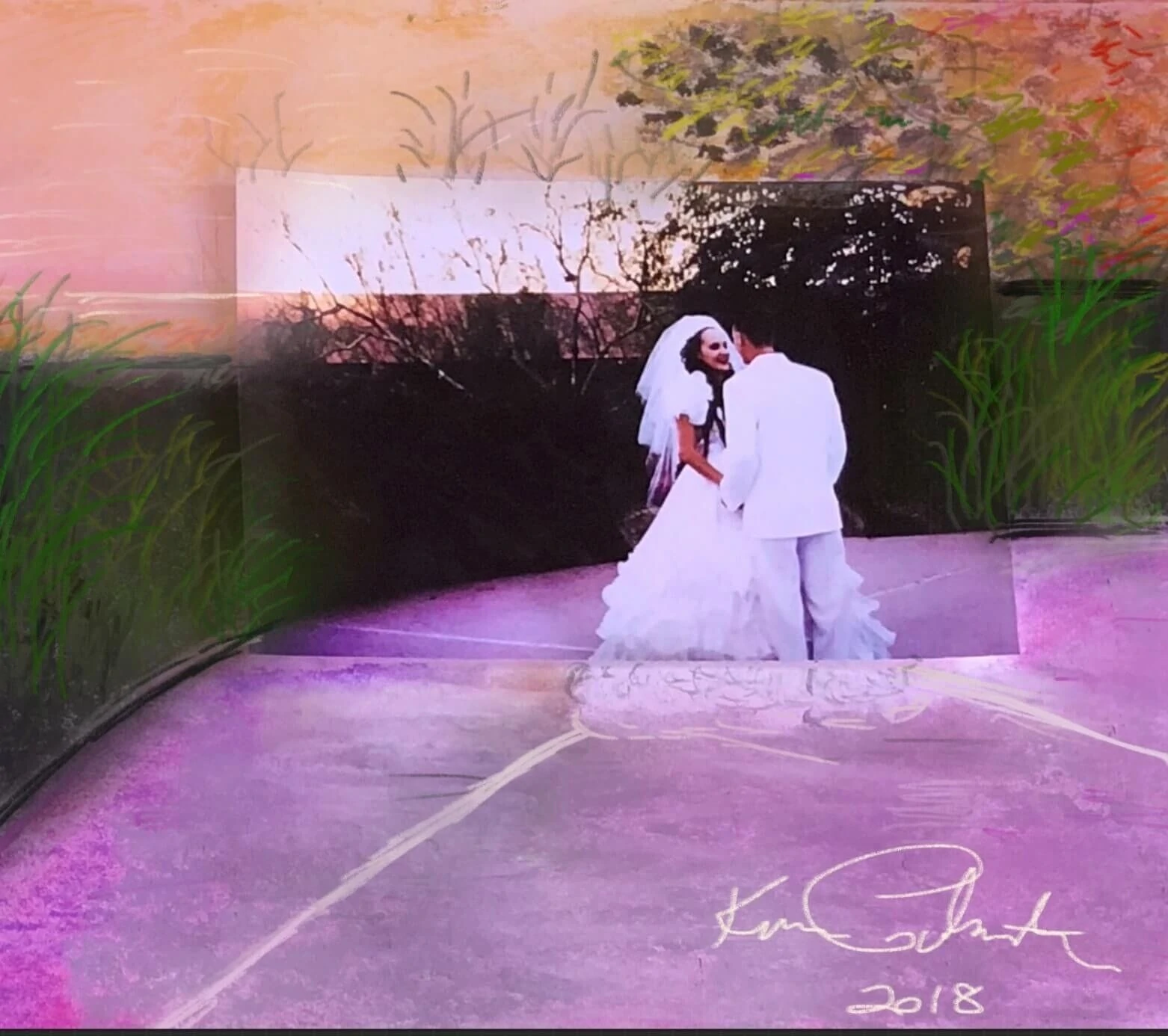 A couple in wedding attire shares a tender moment on a sunset-lit path, surrounded by a soft, colorful illustration, capturing love and celebration.