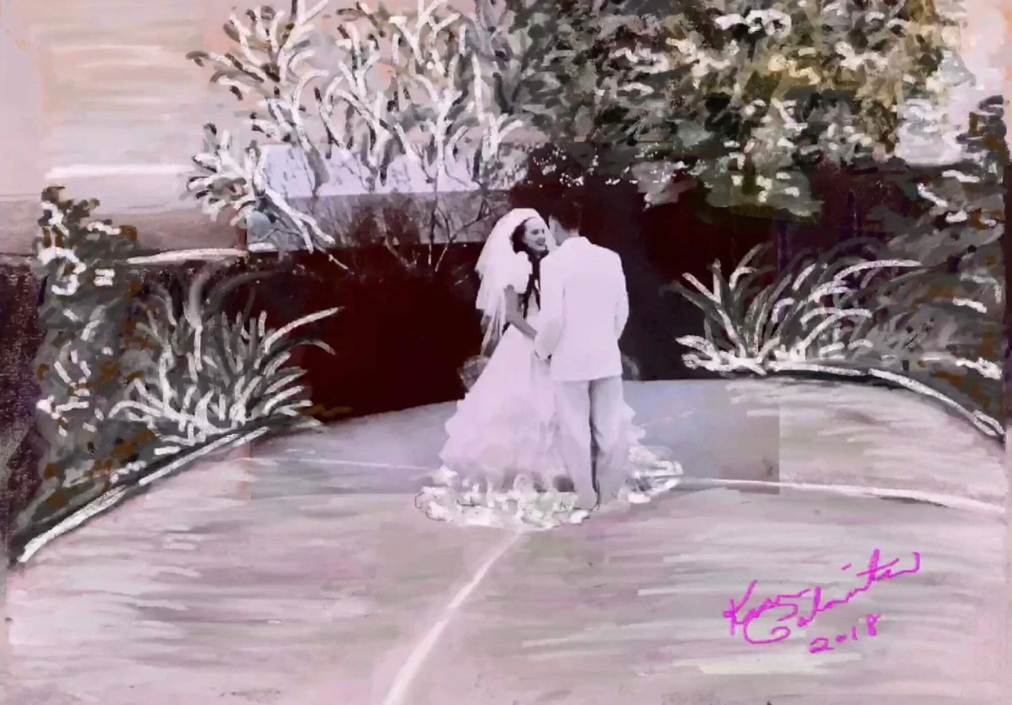 A couple embraces in a romantic outdoor setting, dressed in wedding attire, surrounded by lush greenery. The artwork captures a joyful moment.