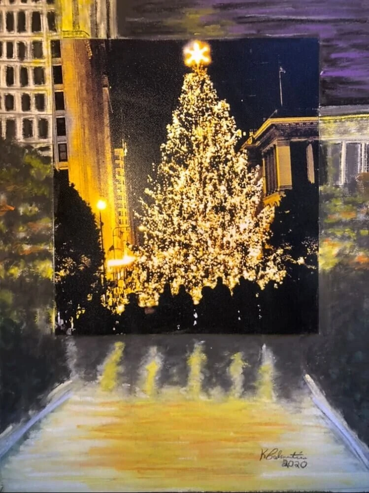 Festive Christmas tree adorned with lights and a star, surrounded by gathering people, set against a city backdrop at night.
