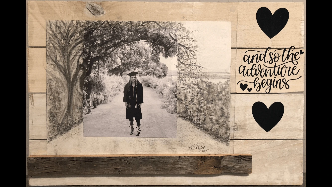 A graduate in a cap and gown stands on a path, surrounded by greenery. Text reads, "and so the adventure begins," celebrating this milestone.