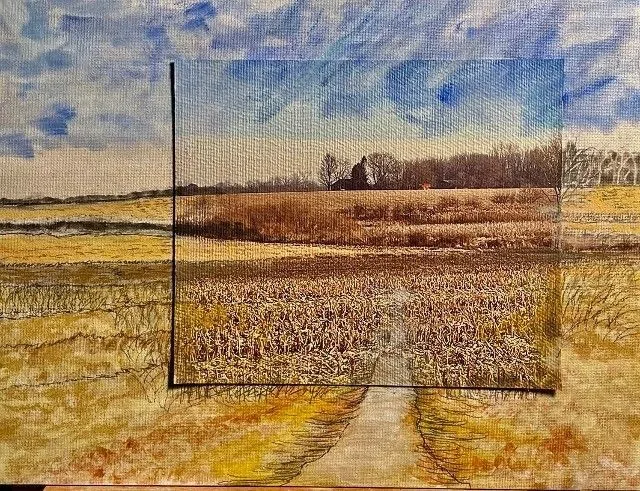 An artistic juxtaposition of a painted landscape featuring a winding path through golden fields, with a clear photographic overlay of the same scene.