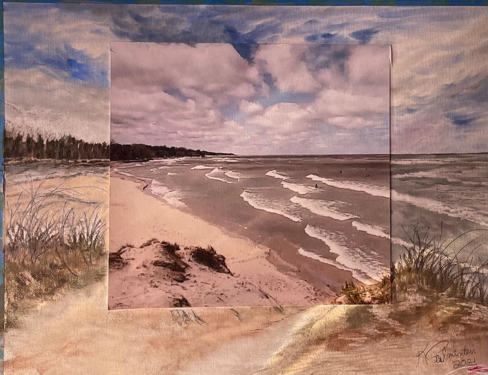 Landscape artwork blending a beach scene with a photographic insert. Waves lap at the shore under a cloudy sky, emphasizing nature's beauty.