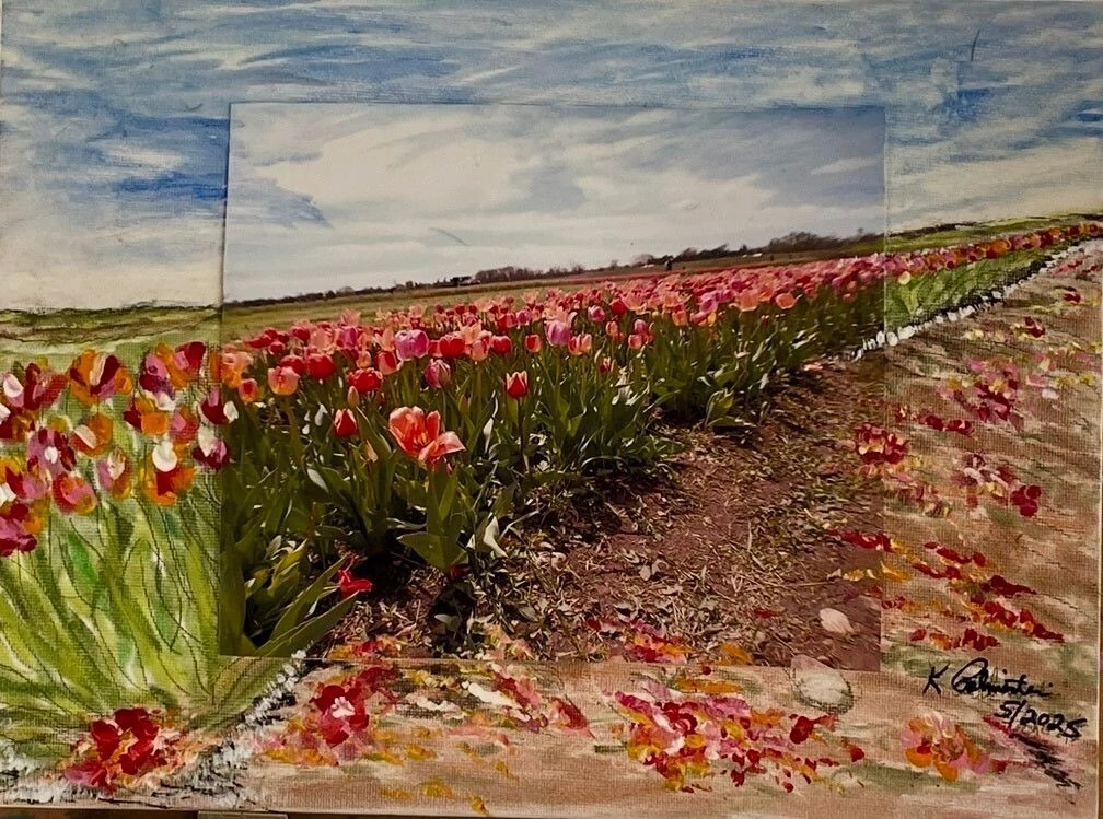 A vibrant field of tulips, blending a photo with painted flowers, showcasing colorful blooms under a blue sky. Illustration highlights floral beauty.