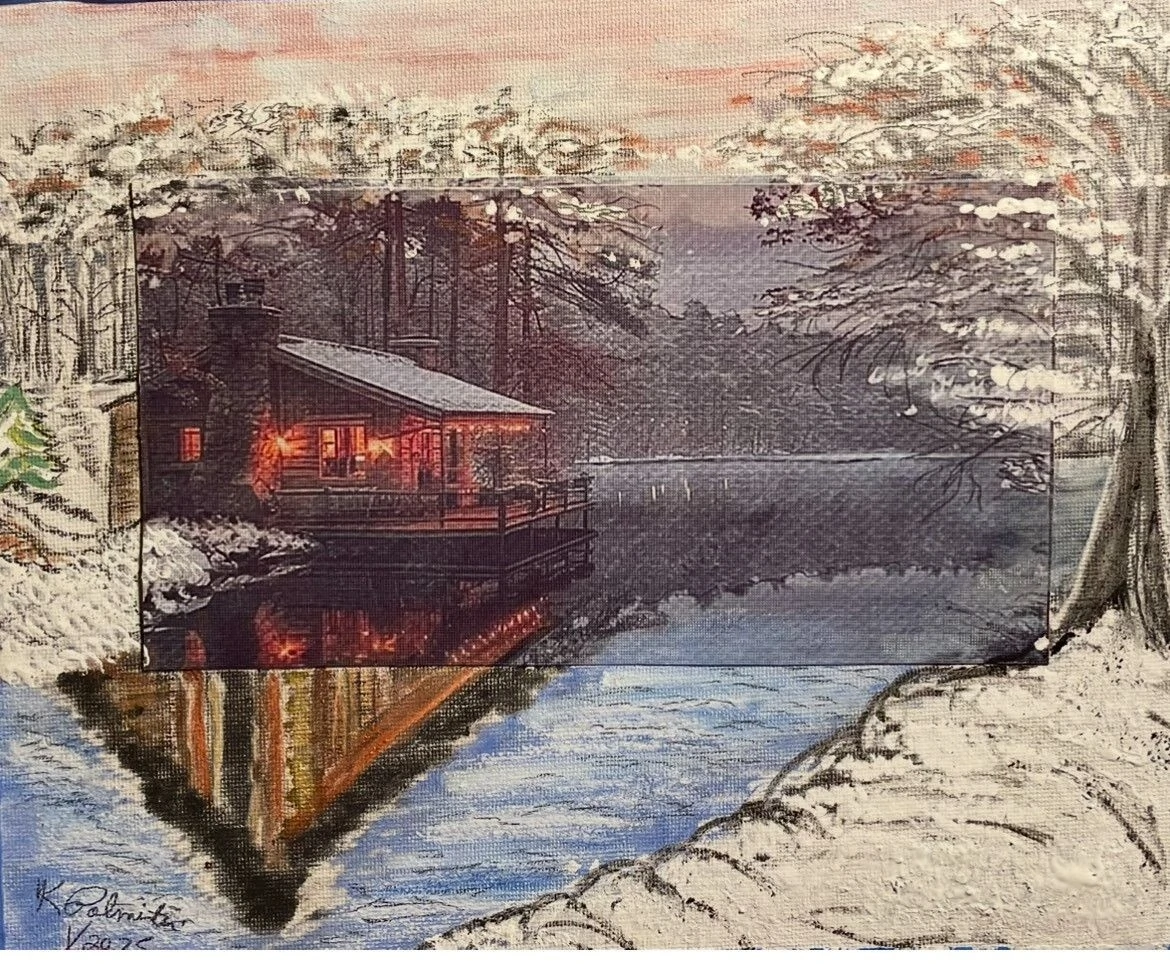 A cozy cabin with warm lights sits by a tranquil, snowy lake, surrounded by trees, reflecting the peaceful winter scene.