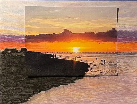 A vibrant sunset over a beach, with silhouettes of people wading in the water. The photo overlay creates a striking contrast with a gray background.