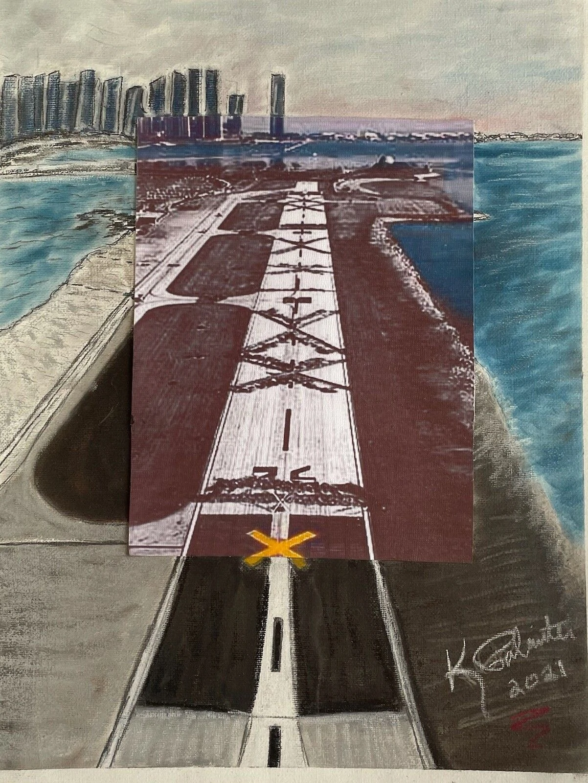 Aerial view of a runway with a yellow X marking, overlaid on a stylized city skyline and water, illustrating urban aviation dynamics.