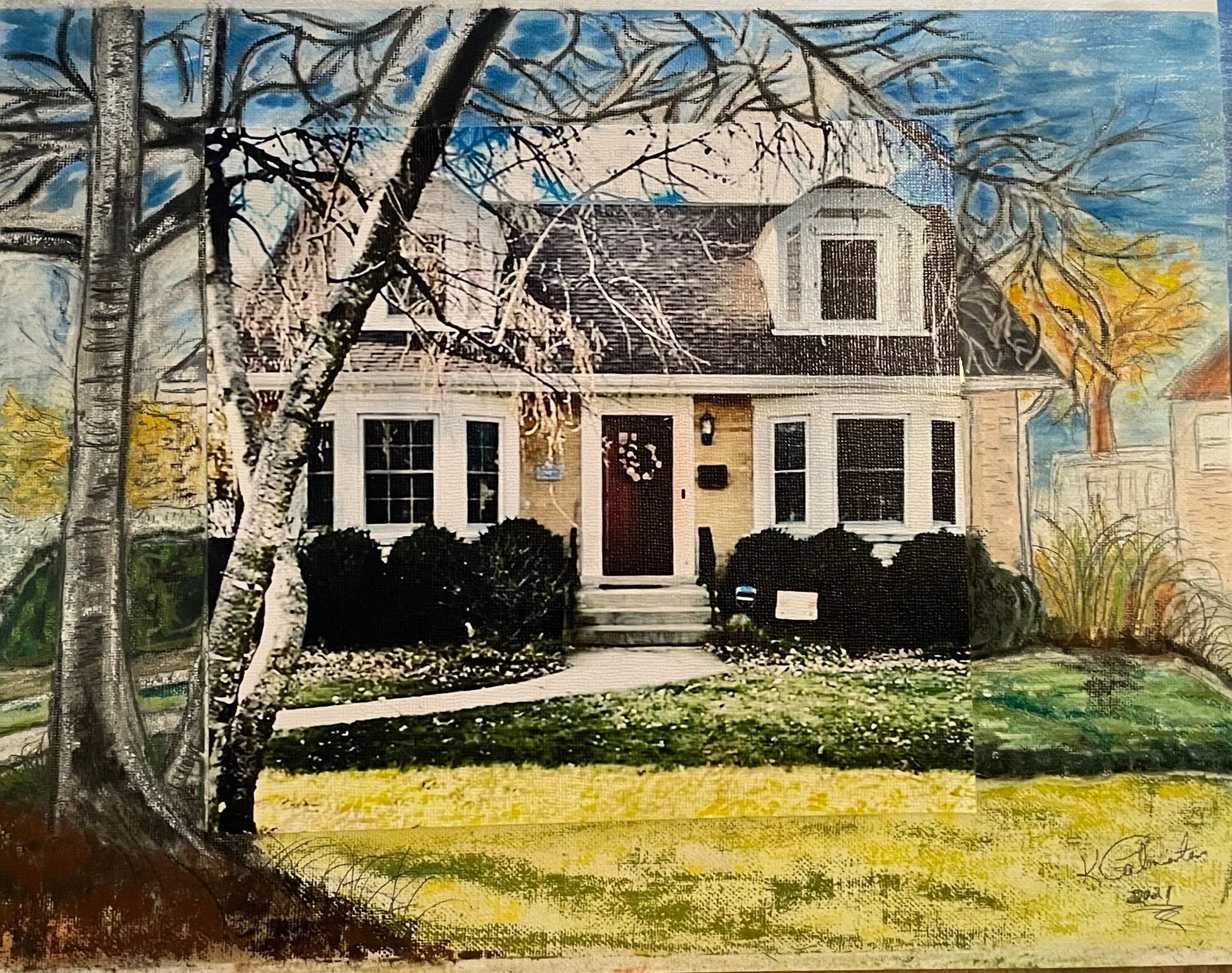 A charming residential house with a porch, surrounded by manicured shrubs and a grassy yard, captured in a vibrant, artistic style.
