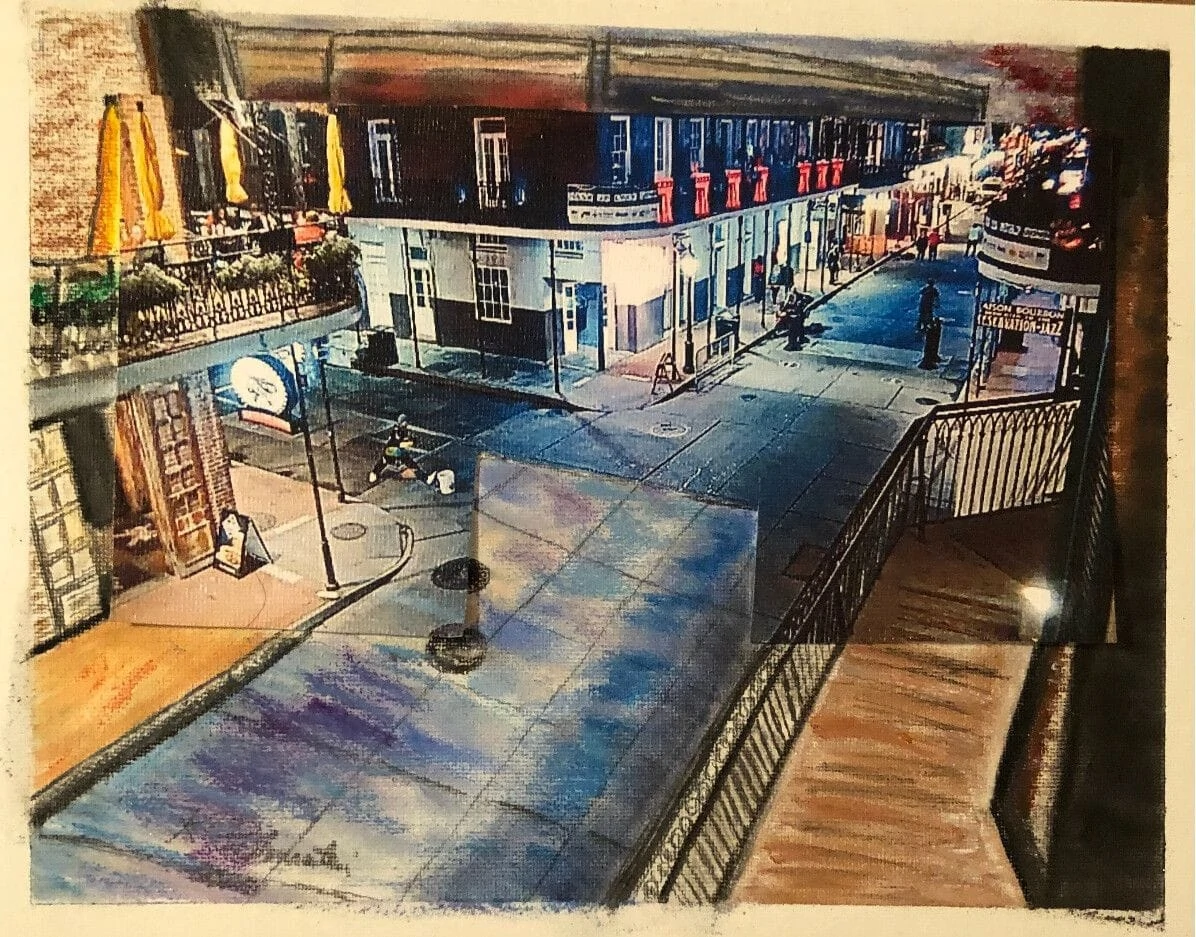 View from above a New Orleans street at night, showcasing lively balconies, dimly lit storefronts, and pedestrians enjoying the vibrant atmosphere.