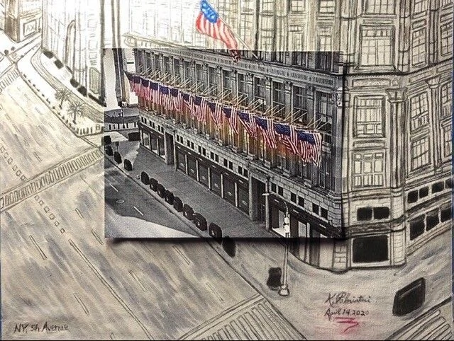 A detailed drawing of NY 5th Avenue featuring an iconic building adorned with multiple flags, highlighting urban architecture and patriotic themes.