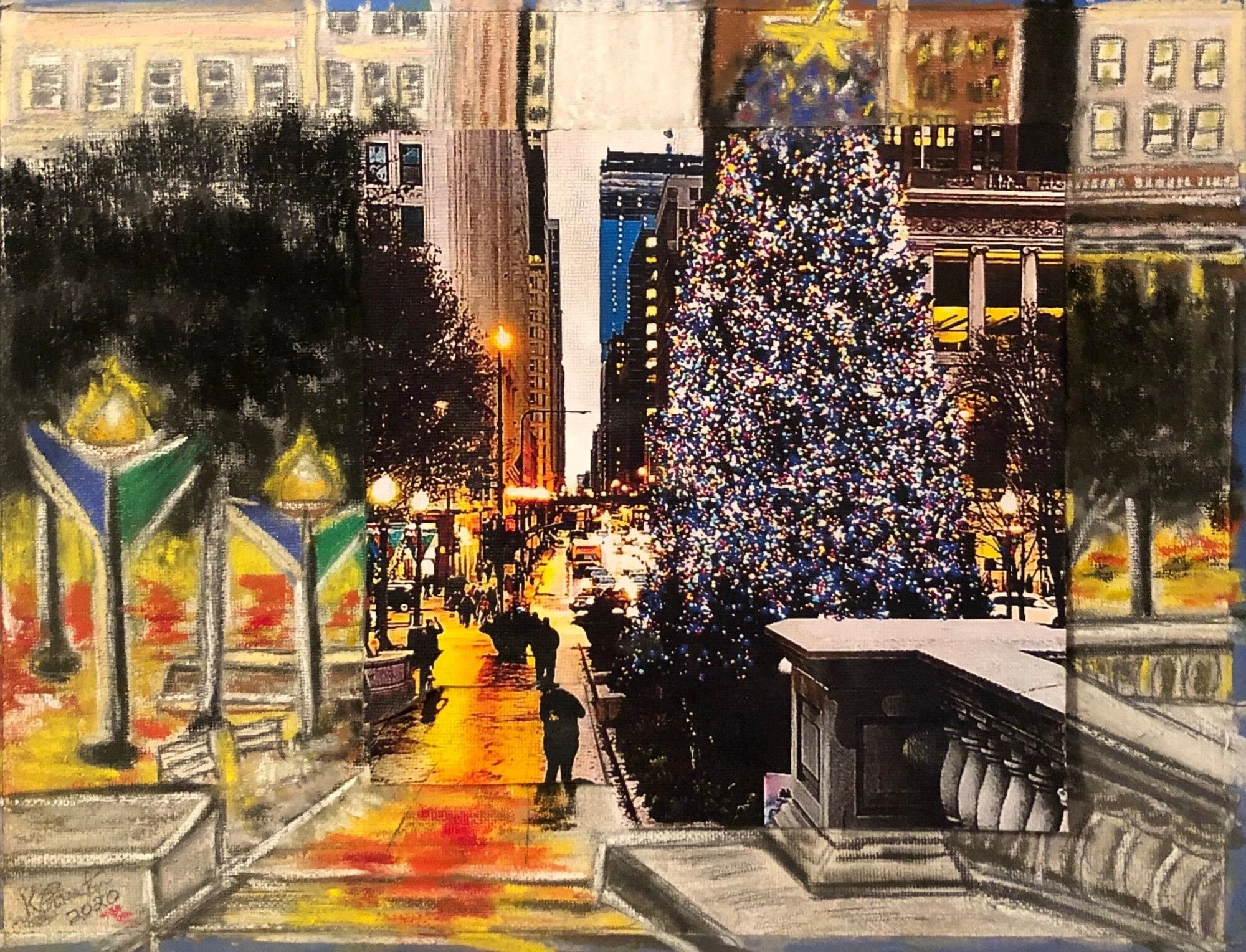 A vibrant city scene depicting a bustling street at twilight, featuring a beautifully decorated Christmas tree, illuminated by colorful lights.