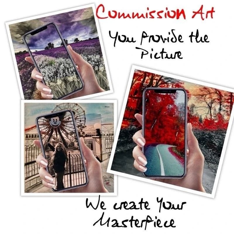 Hands hold smartphones displaying artistic scenes, showcasing a commission art service where users provide photos to be transformed into customized artwork.