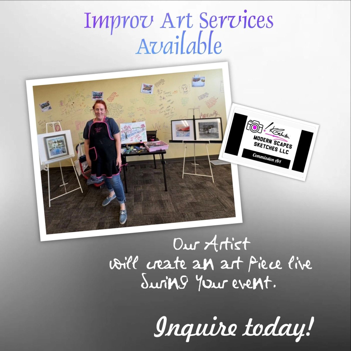 An artist stands in front of a display of artworks, promoting live art creation services for events. Signs highlight the service's availability.