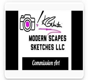 Logo for Modern Scapes Sketches LLC featuring a camera icon and the tagline "Commission Art," emphasizing artistic services offered.