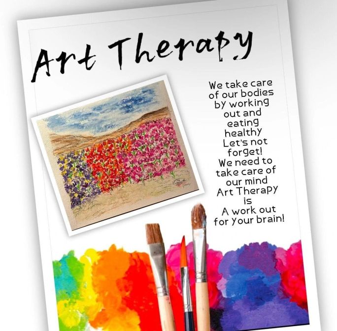 Colorful art therapy poster featuring vibrant flowers, paint splashes, and brushes, emphasizing mental wellness through creative expression.