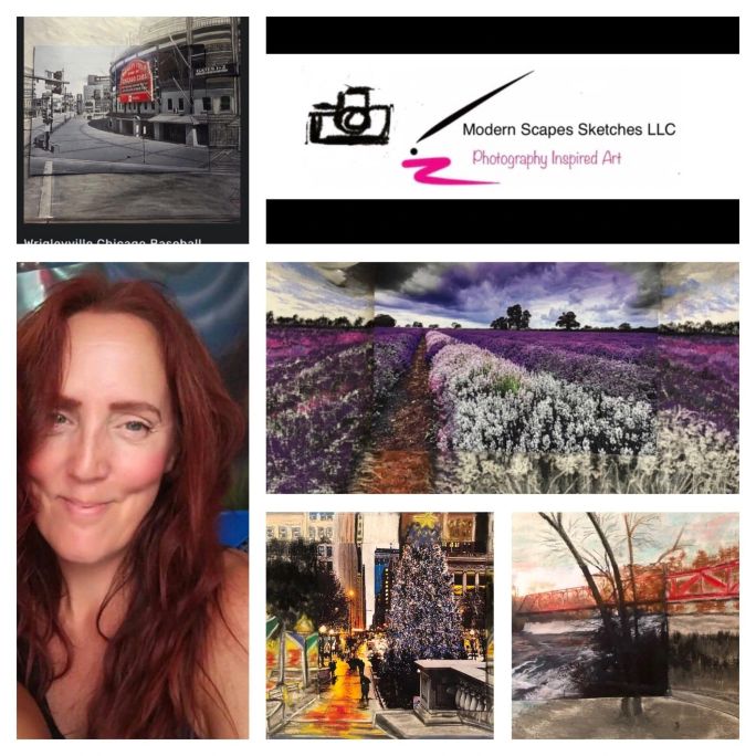 Collage featuring a woman with red hair, art showcasing urban landscapes, nature scenes, and a logo for Modern Scapes Sketches LLC.