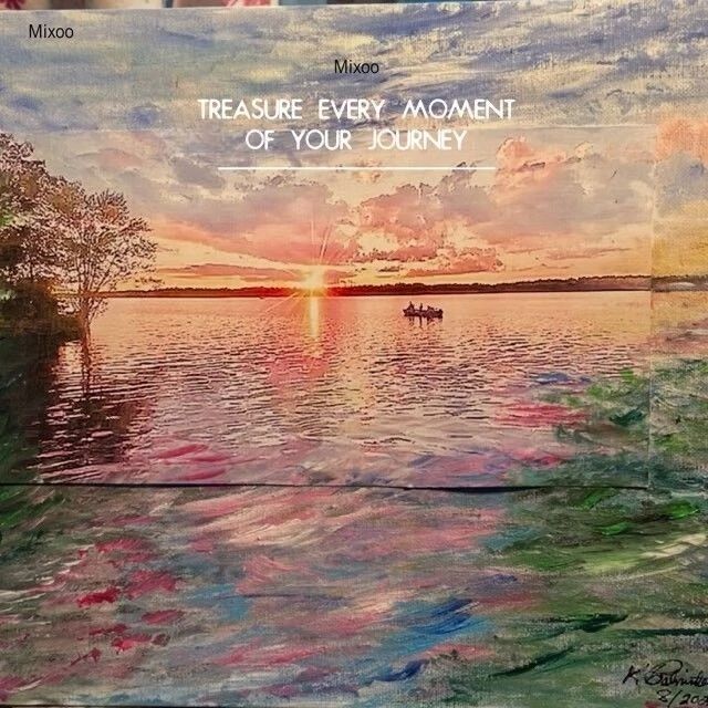 Sunset over a tranquil lake, with a couple of people in a small boat. The scene is overlaid with the inspirational text: "Treasure every moment of your journey."