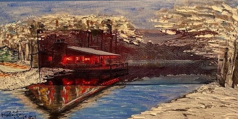 Cozy cabin with red lights reflecting on a snowy lake, surrounded by white trees and a dusky sky, evoking a serene winter evening.