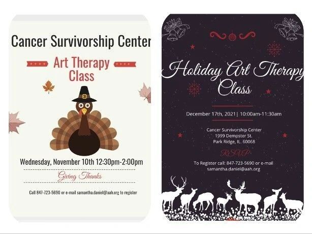 Art therapy class announcements from the Cancer Survivorship Center, featuring dates, times, and registration details for seasonal sessions.