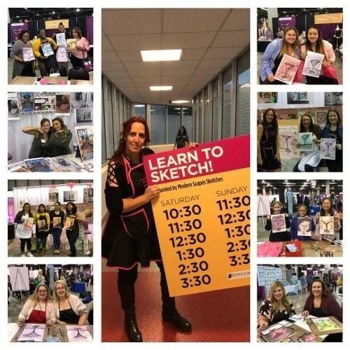 Event attendees showcase their artwork and participation in a "Learn to Sketch!" workshop, featuring schedules for sessions on Saturday and Sunday.