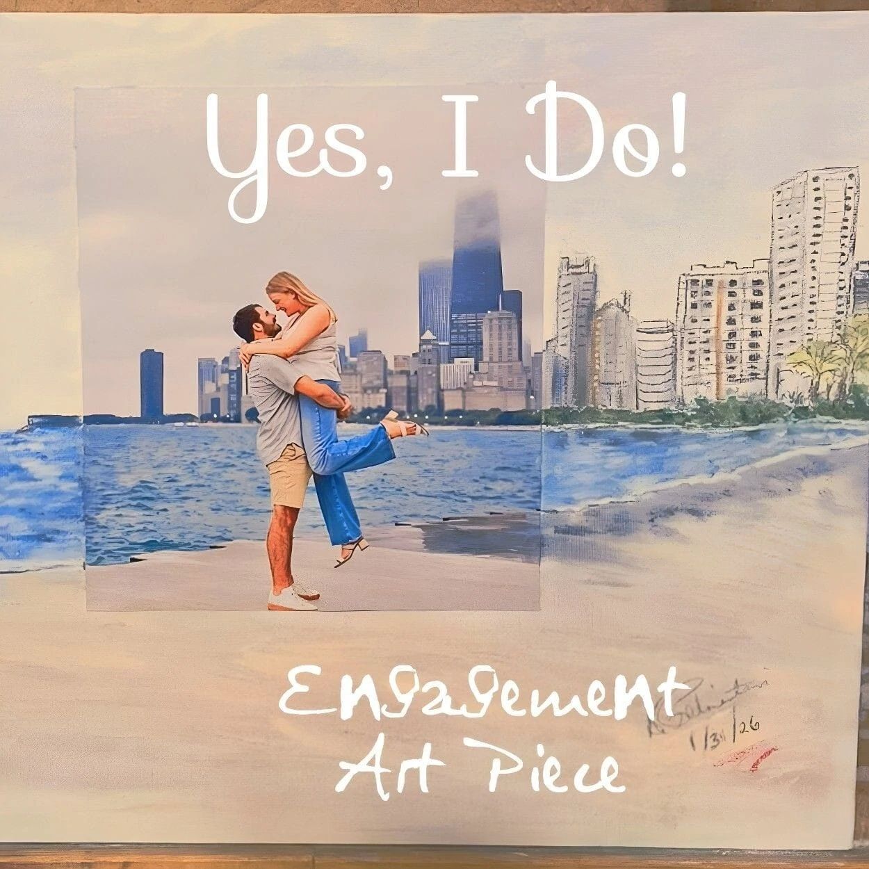 Couple joyfully embraces on a beach with a city skyline in the background, featured in a colorful engagement art piece labeled "Yes, I Do!"