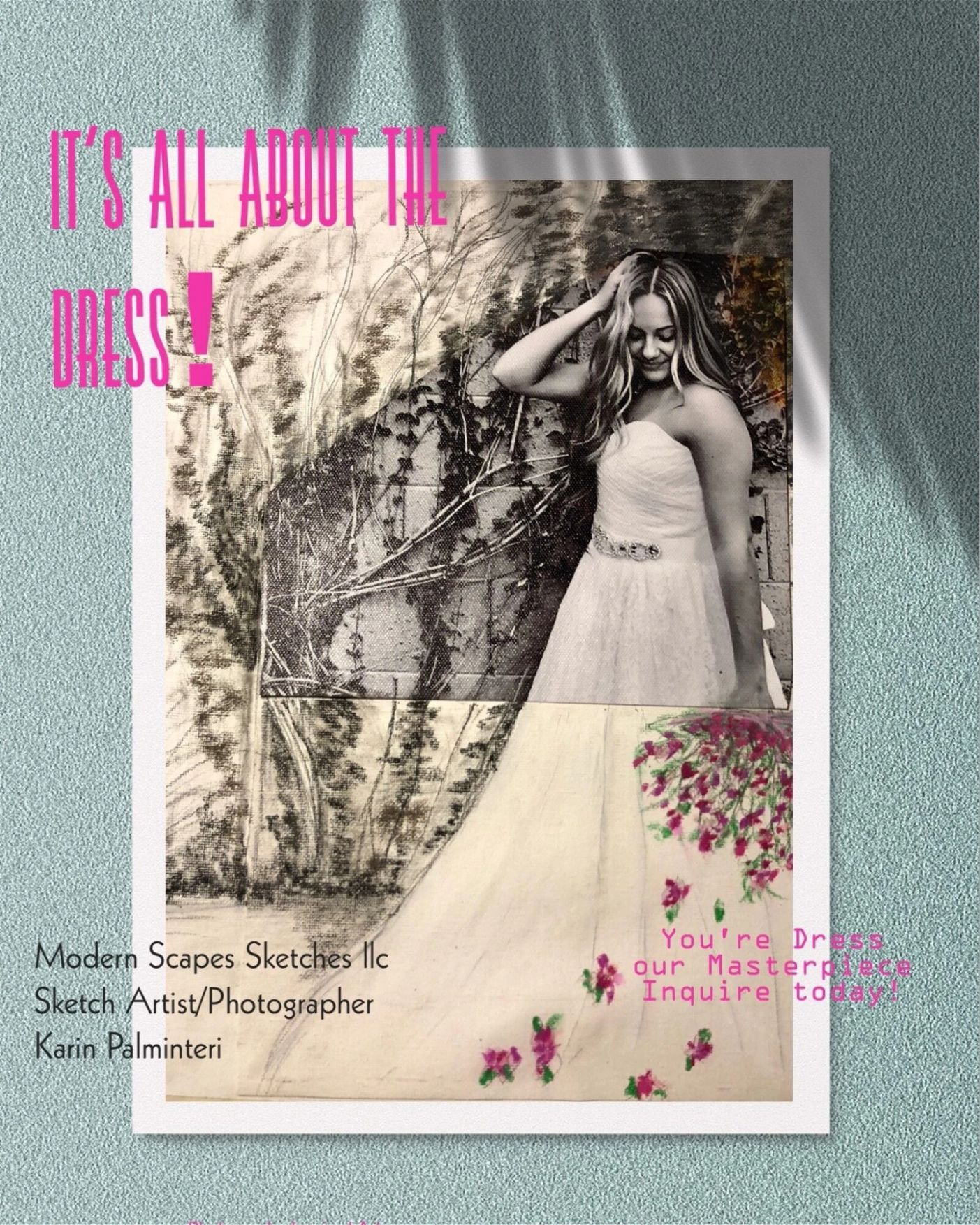 Elegant bridal dress illustration featuring a smiling woman, surrounded by artistic floral details and text inviting inquiries about the dress design.