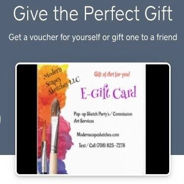 E-gift card advertisement for Modern Scapes Sketches, promoting vouchers for art services like pop-up sketch parties. Contact information included.