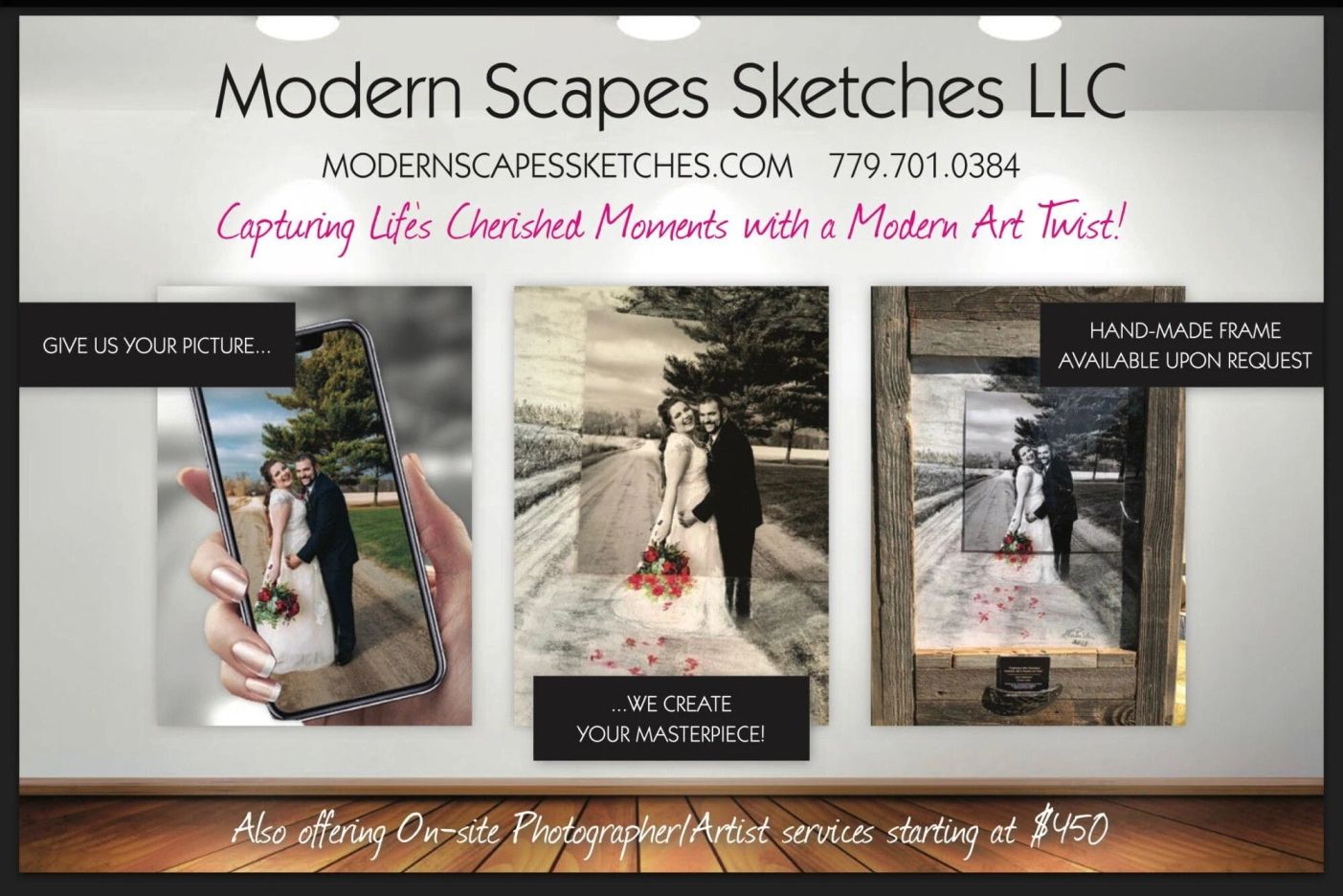 Promotional graphic for Modern Scapes Sketches LLC, showcasing personalized art services with examples of stylized photos and framing options.