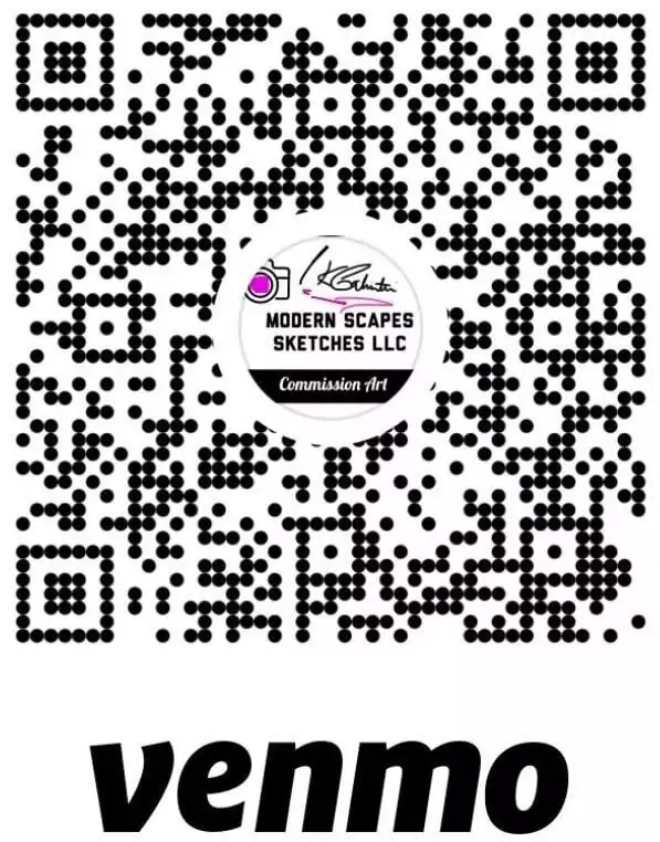 QR code linking to Venmo for Modern Scapes Sketches LLC, facilitating art commission payments.